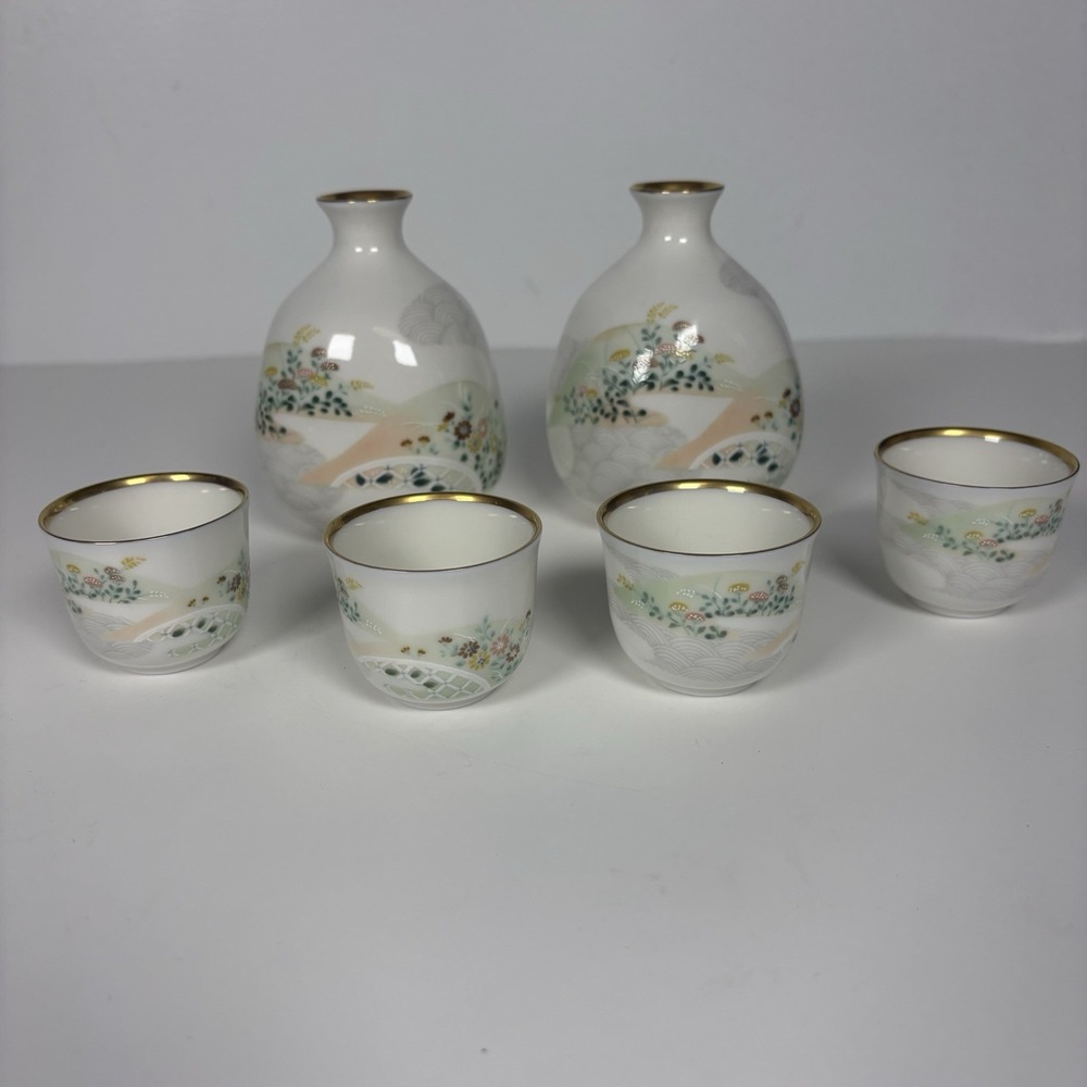 Vintage Collectible Japan Sake Set Porcelain Landscape Gold Rim
